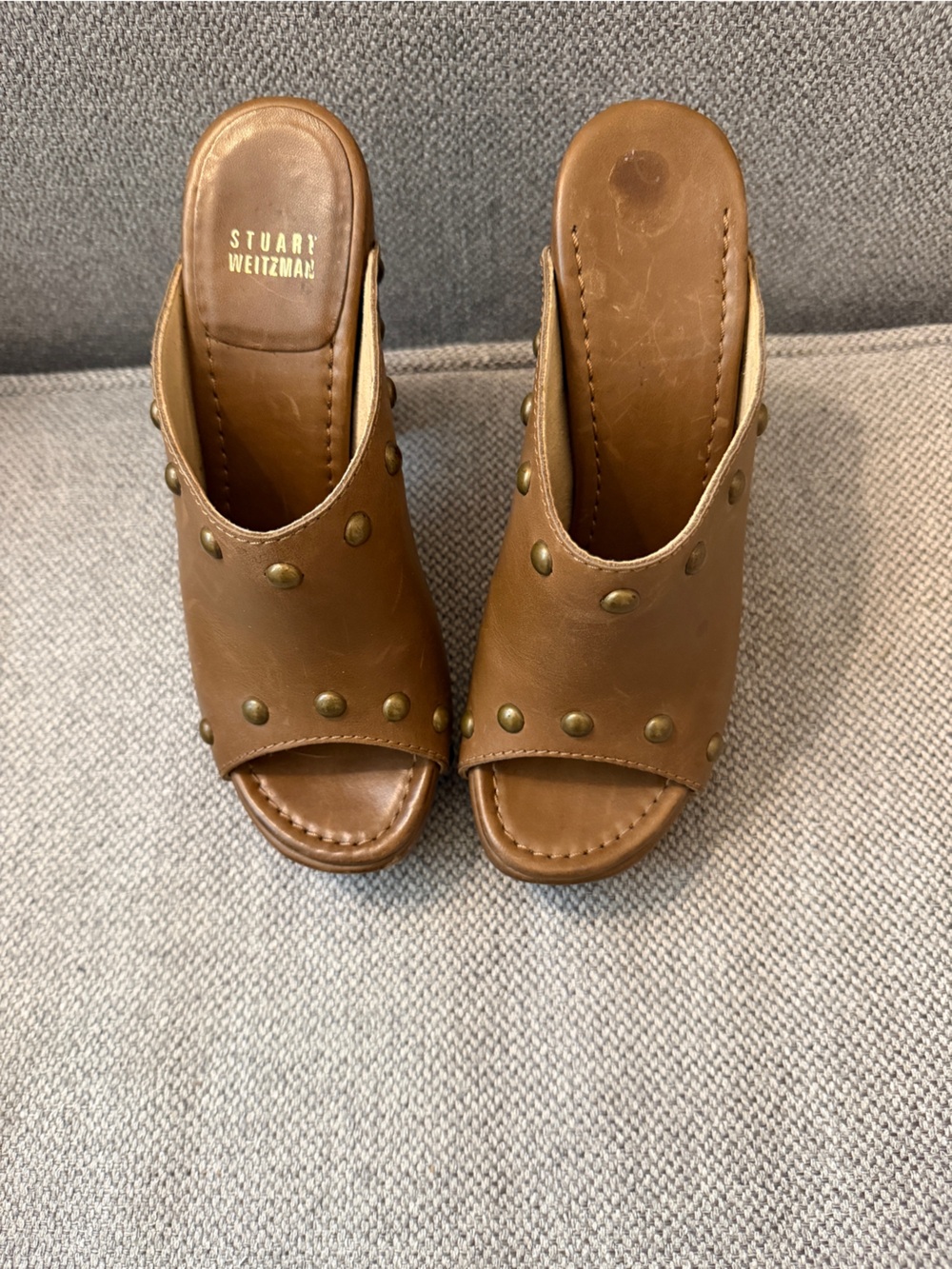 Stuart Weitzman Tan Leather Stud Mule Slides